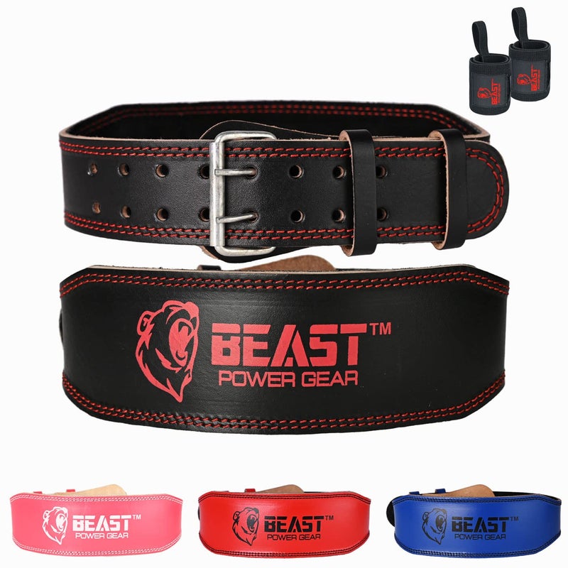 Beast Power Gear Weight Lifting Belt - 4â€ Genuine Leather Belts Padded Lower Back Support for Gym Bodybuilding Squat Deadlift Weightlifting Cross Strength Training Men Women Free Wrist Wrap - Image 1